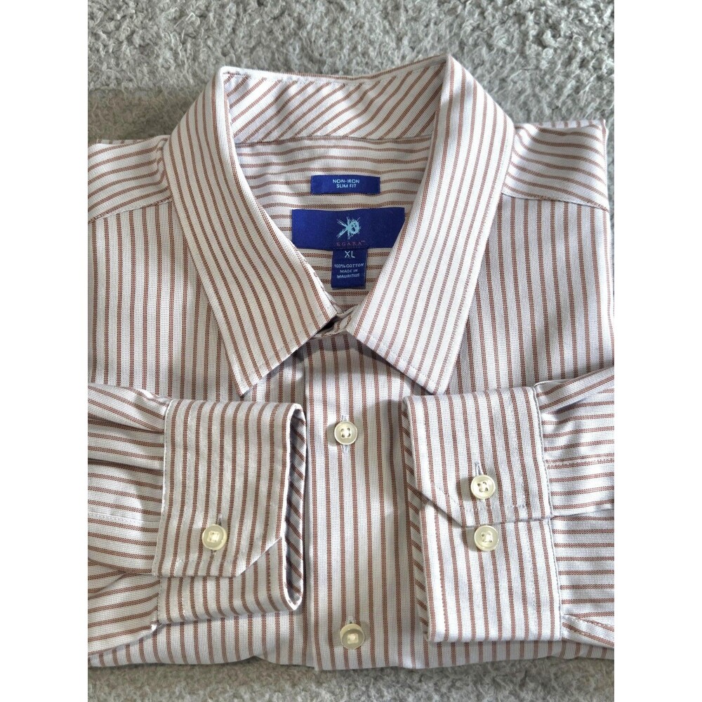 Egara Shirt Mens XL Gray Brown Stripe Non-Iron Slim Fit 100% Cotton LS Preppy
